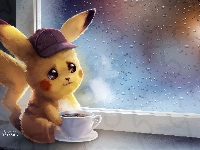 Filiżanka, Film animowany, Kawa, Deszcz, Pokemon, Pokemon Detektyw Pikachu, Okno