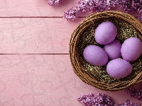 Gałązki, Wielkanoc, Bzu, Różowe, Koszyk, Jajka, Fioletowe, Siano, Fioletowe, Wiklinowy, Tło