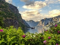 Statek, Fiord Aurlandsfjord, Kwiaty, Norwegia, Wieś Flam, Góry
