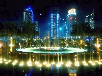 Drapacze, Dubaj, Miasta, Fontanna, Panorama, Nocna, Chmur