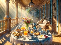 Przebijające światło, Taras, Dom, Stół, Grafika AI, Fotel