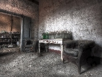 Fotele, Pomieszczenia, Butelki, Zaniedbane, Stare, Stół