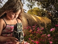 Fotograficzny, Dziewczynka, Aparat, Kwiaty