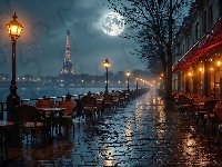 Francja, Grafika AI, Paryż, Restauracja, Latarnie, Noc, Bulwar, Deszcz