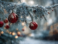 Świerk, Czerwone, Boże Narodzenie, Bombki, Grafika AI, Gałązka