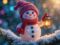 Gałązka, Zima, Śnieg, AI, Uśmiech, Światło, Bałwan, Latarnia, Szalik, Czapka