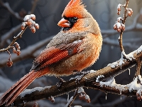 Ośnieżone, Ptak, Kardynał, Gałązki