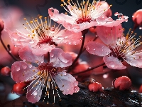 Pąki, Drzewo owocowe, Kwiaty, Krople, Różowe, Rozwinięte, Gałązki