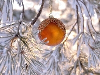 Gałęzie, Bokeh, Bombka, Ośnieżone, Rozmycie