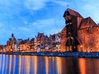 Gdańsk, Polska, Domy, Deptak, Rzeka Motława, Oświetlone, Wieczór, Żuraw portowy