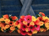 Gerbera, Kwiaty, Bukiet, Róże