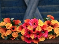 Gerbera, Kwiaty, Bukiet, Róże