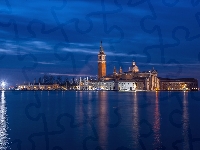 Światło, Kościół San Giorgio Maggiore, Latarnia, Wenecja, Wyspa San Giorgio, Noc, Włochy, Żaglówki