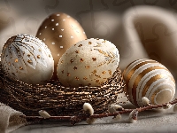 Wielkanoc, Pisanki, Złote, Gniazdko, Grafika AI, Bazie