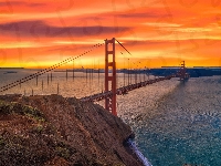 Zachód słońca, Stan Kalifornia, Stany Zjednoczone, Most Golden Gate Bridge, San Francisco, Cieśnina Golden Gate