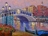 Gondola, Kanał, Latarnia, Domy, Ulica, Most