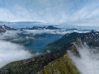 Mgła, Lofoty, Norwegia, Góra, Niebo, Jezioro