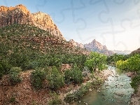 Stan Utah, Góry, Drzewa, Góra Watchman, Stany Zjednoczone, Park Narodowy Zion, Rzeka Virgin River
