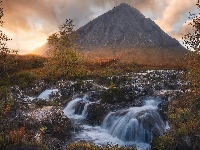 Rzeka, Zachód słońca, Drzewa, Szkocja, Glen Coe, Jesień, Góra, Skały, Dolina, Buachaille Etive Mor