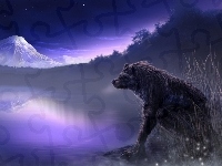 Góra, Fantasy, Stwór, Woda, Noc