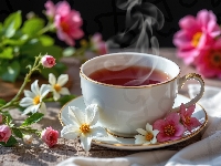 Filiżanka, Gorąca, Talerzyk, Kwiaty, Herbata