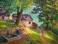 Górka, Drzewa, Domy, Dróżka, Studzienka
