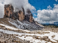 Tre Cime di Lavaredo, Włochy, Pasmo górskie, Chmury, Dolomity, Góry, Białe