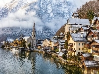 Góry, Hallstatt, Zima, Austria, Domy, Jezioro