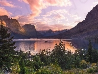 Góry, Stan Montana, Drzewa, Stany Zjednoczone, Park Narodowy Glacier, Jezioro Saint Mary Lake