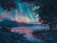 Drzewa, Jezioro, Grafika, Góry, Łódki, Zorza polarna