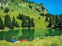 Łodzie, Jezioro, Góry, Drzewa