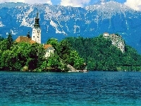 Góry, Zamek, Słowenia, Kościół, Jezioro, Bled