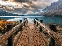 Chmury, Alberta, Kanada, Park Narodowy Banff, Jezioro, Pomost, Rośliny, Góry, Bow Lake