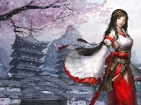 Góry, Kobieta, Kimono, Budynek