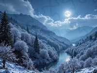 Noc, Zima, Księżyc, Grafika AI, Rzeka, Góry, Las, Śnieg, Drzewa, Oszronione