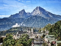 Góry, Panorama, Mgła, Berchtesgaden, Miasteczka, Lasy