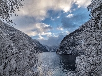 Zima, Bawaria, Góry Alpy, Niemcy, Park Narodowy Berchtesgaden, Jezioro Königssee