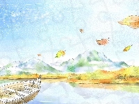 Góry, Jezioro, Łódka, Liście