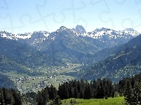 Góry, Austria, Drzewa, Kanisfluh, Ośnieżone, Dolina
