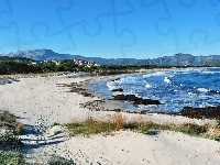 Góry, Morze, Plaża, Trawy