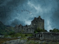 Zamek Doune Castle, Ptaki, Szkocja, Wzgórze, Wieczór