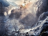 Góry, Mgła, Zima, Wschód słońca, Wodospad