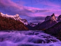 Park Narodowy Torres del Paine, Góry, Patagonia, Chile, Kolorowe, Cordillera del Paine, Masyw, Niebo, Rzeka, Torres del Paine