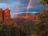 Drzewa, Stany Zjednoczone, Tęcza, Chmury, Skały, Arizona, Sedona, Szczyty, Góry, Wilson Mountain