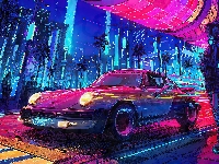 Ulica, Cyberpunk 2077, Gra, Porsche, Neony, Ludzie