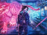 Tygrys, Cyberpunk 2077, Gra, Kobieta, Ryba, Miecz