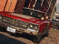 Sabre GT Declasse, Grand Theft Auto 5, Gra, GTA 5, Policyjny, Domy, Pościg, Czerwony, Ulica