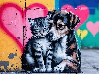 Mural, Street Art, Serce, AI, Pies, Kot, Grafika