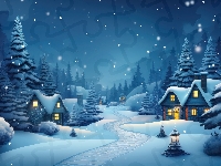 Światła, Zima, Domy, Grafika, Drzewa, Ośnieżone, Śnieg