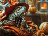 Legwan, Halloween, Kapelusz, Grafika AI, Dynia